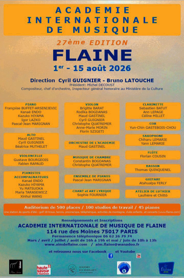 Académie Internationale de Musique de Flaine du 1er au 15 août avec Thomas Quinquenel