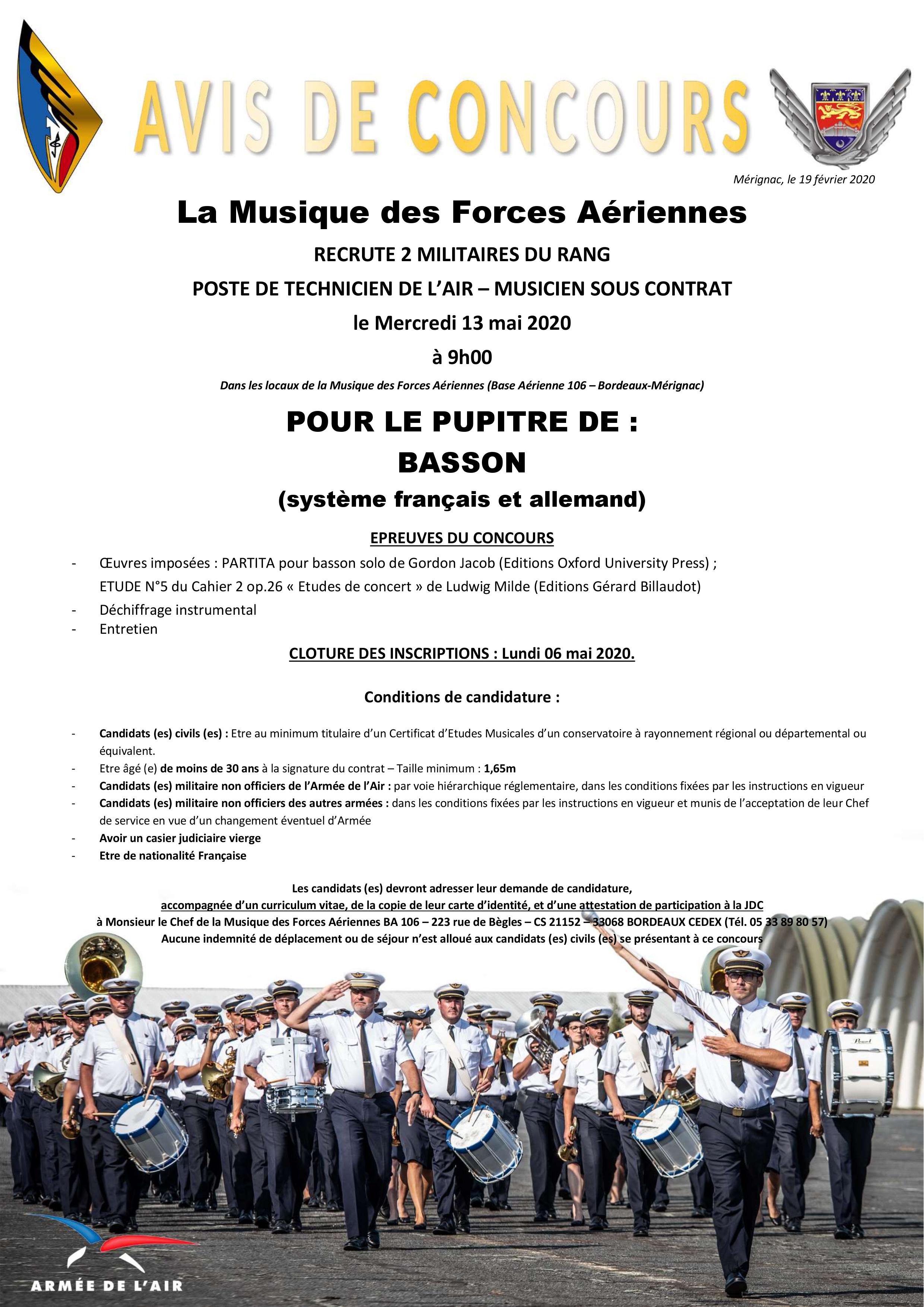 La Musique des Forces Aériennes de Bordeaux recrute 2 bassons (système français ou allemand)