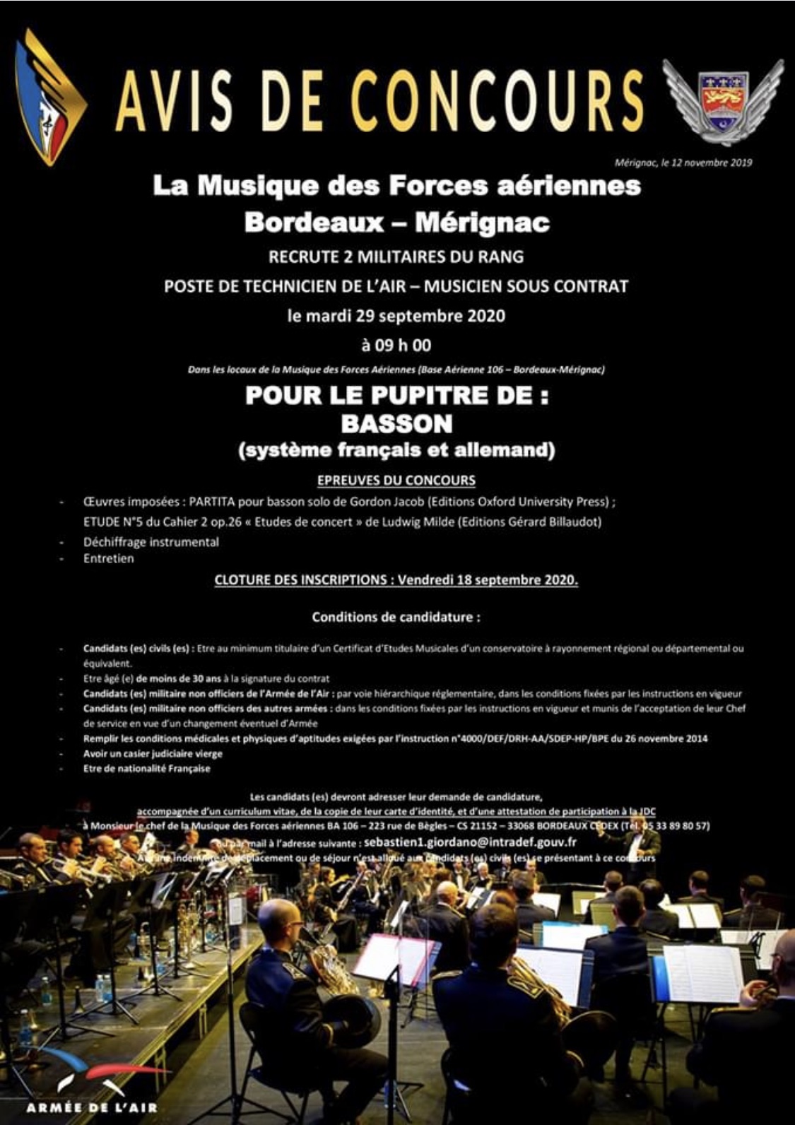 La Musique des Forces Aériennes de Bordeaux recrute 2 bassons (système français ou allemand)
